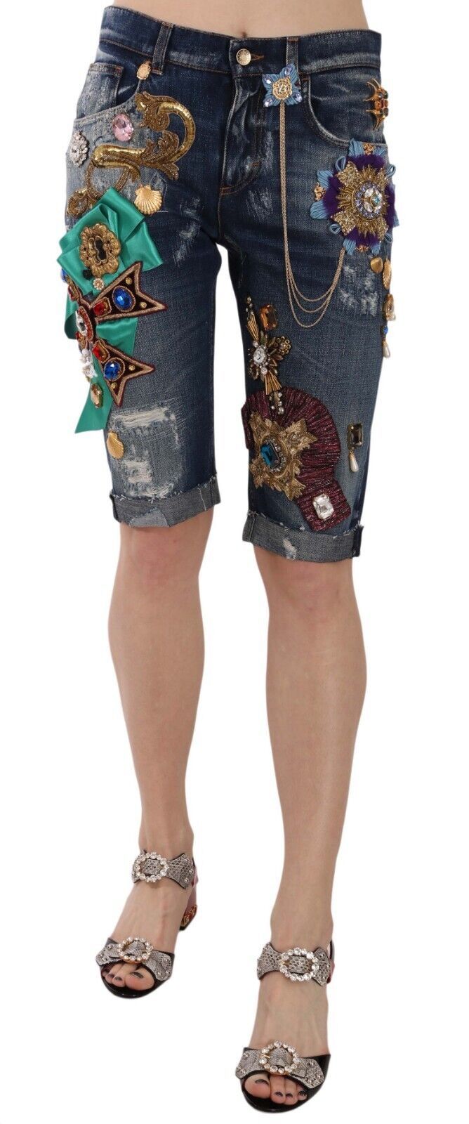 Dolce &amp; Gabbana Blue Denim Mid Waist Crystal Capri Shorts