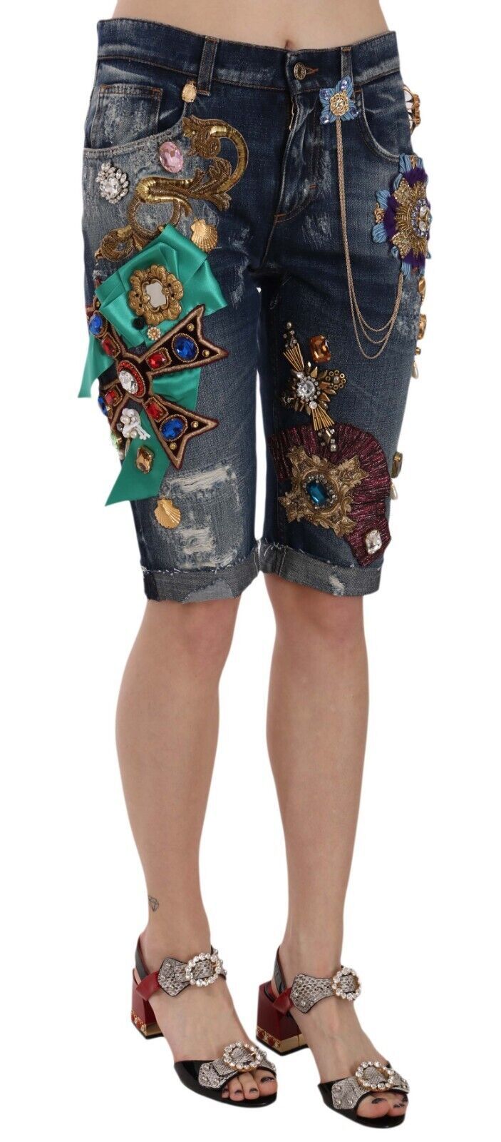 Dolce &amp; Gabbana Blue Denim Mid Waist Crystal Capri Shorts