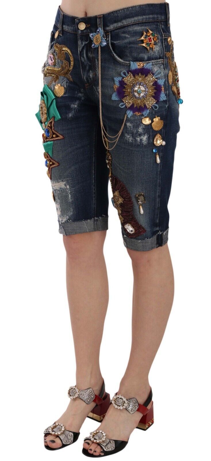 Dolce &amp; Gabbana Blaue Denim-Caprishorts mit mittlerer Taille und Kristallen