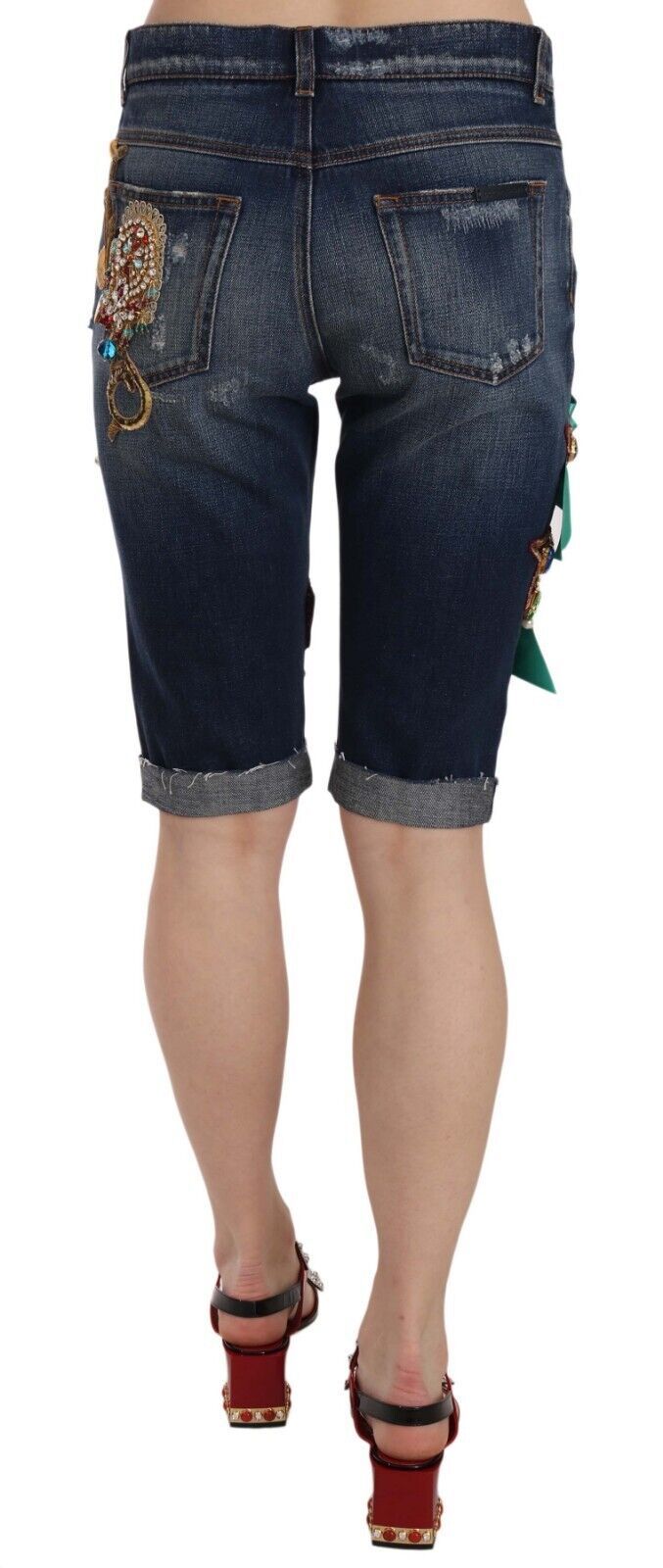 Dolce &amp; Gabbana Blue Denim Mid Waist Crystal Capri Shorts