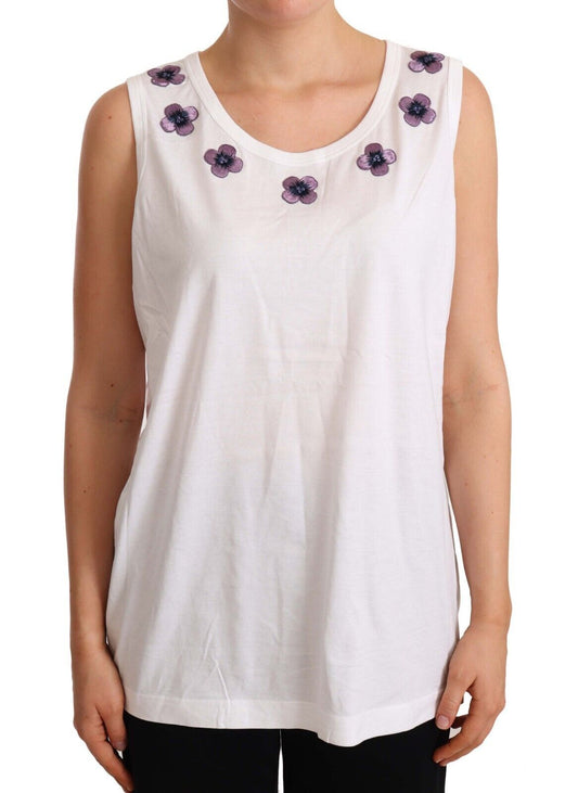 Dolce &amp; Gabbana White Cotton Floral Embroidery Tank T-shirt Top