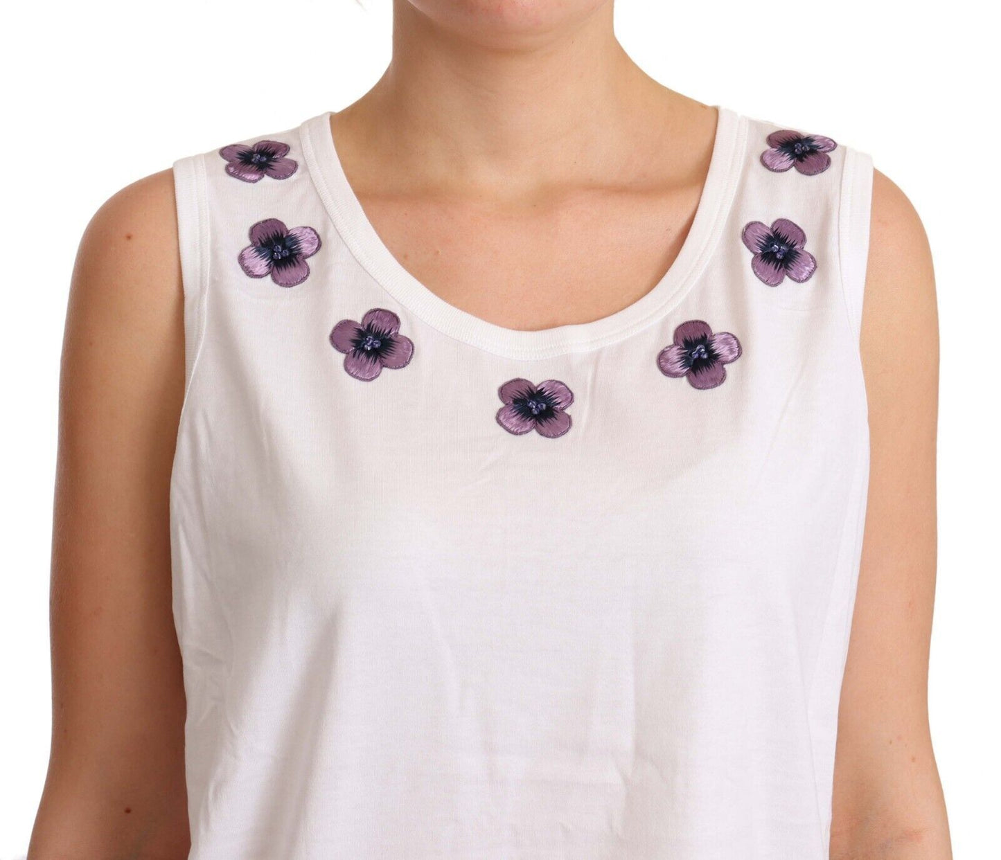 Dolce &amp; Gabbana White Cotton Floral Embroidery Tank T-shirt Top