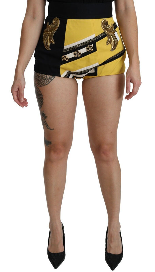 Dolce &amp; Gabbana Yellow Black Cotton Jeweled Hot Pants Shorts