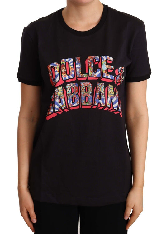 Dolce &amp; Gabbana Schwarzes Baumwoll-T-Shirt mit großem Print und Rundhalsausschnitt