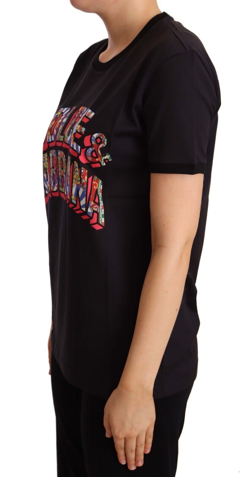 Dolce &amp; Gabbana Schwarzes Baumwoll-T-Shirt mit großem Print und Rundhalsausschnitt