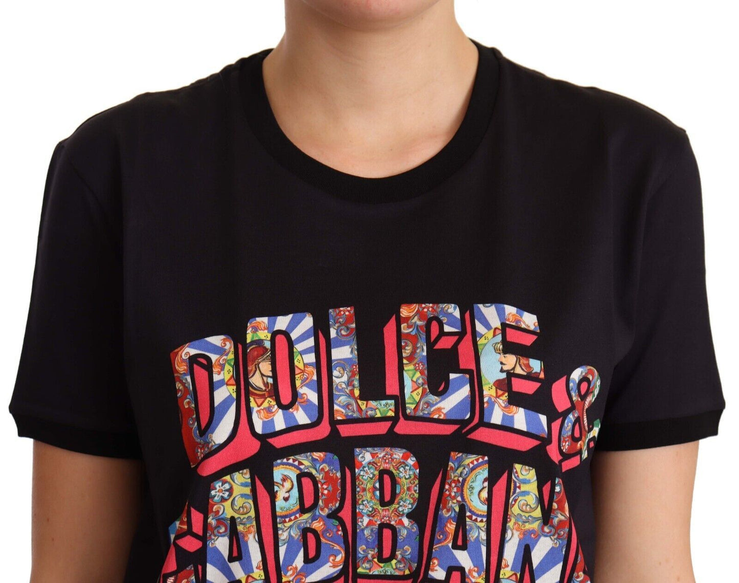 Dolce &amp; Gabbana Schwarzes Baumwoll-T-Shirt mit großem Print und Rundhalsausschnitt