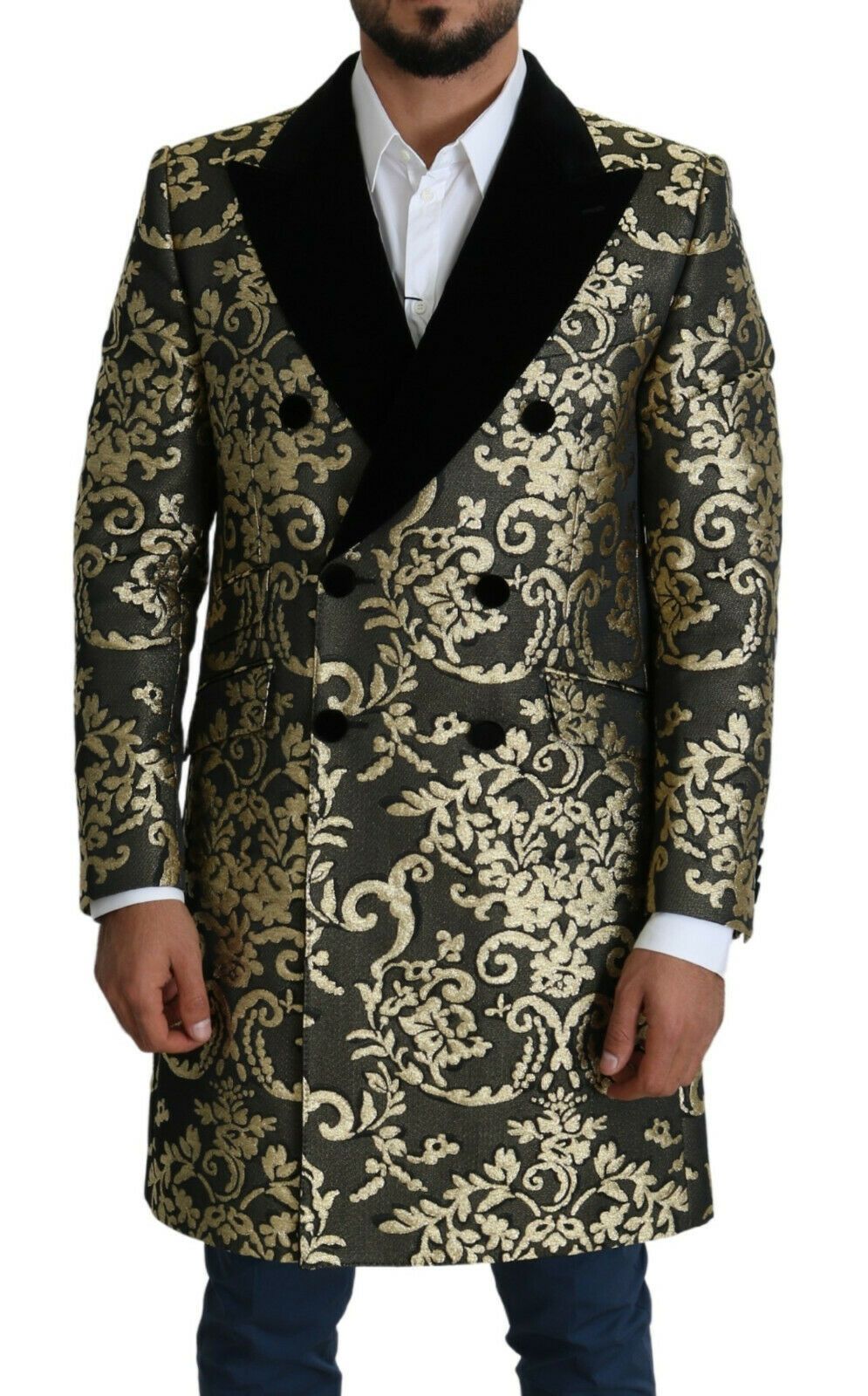 Dolce &amp; Gabbana Black Gold Jacquard Long Coat SICILIA Jacket