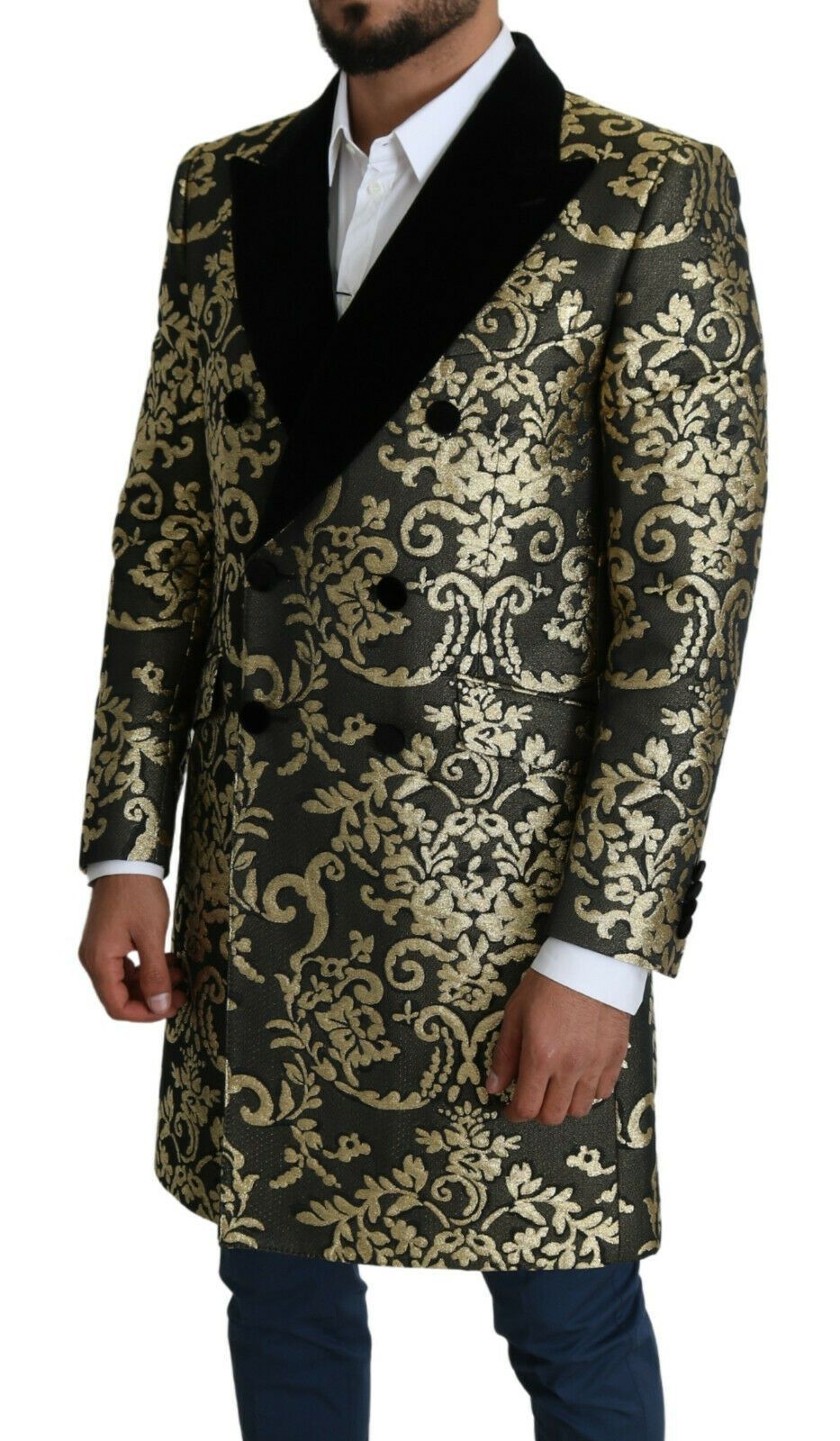 Dolce & Gabbana Gold Black Sicilia Jacquard Double-Breasted Coat