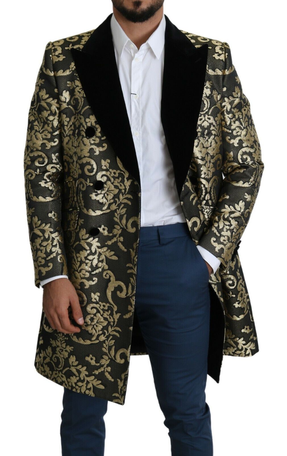 Dolce &amp; Gabbana Black Gold Jacquard Long Coat SICILIA Jacket