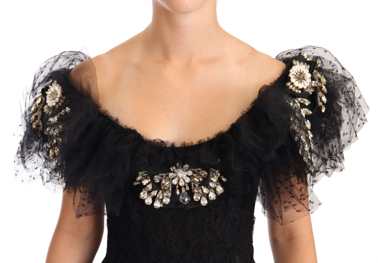 Dolce &amp; Gabbana Black Floral Lace Crystal Ball Gown Dress