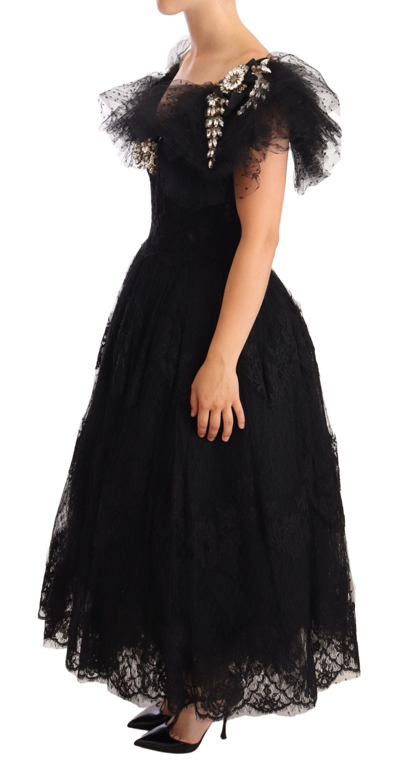 Dolce &amp; Gabbana Black Floral Lace Crystal Ball Gown Dress