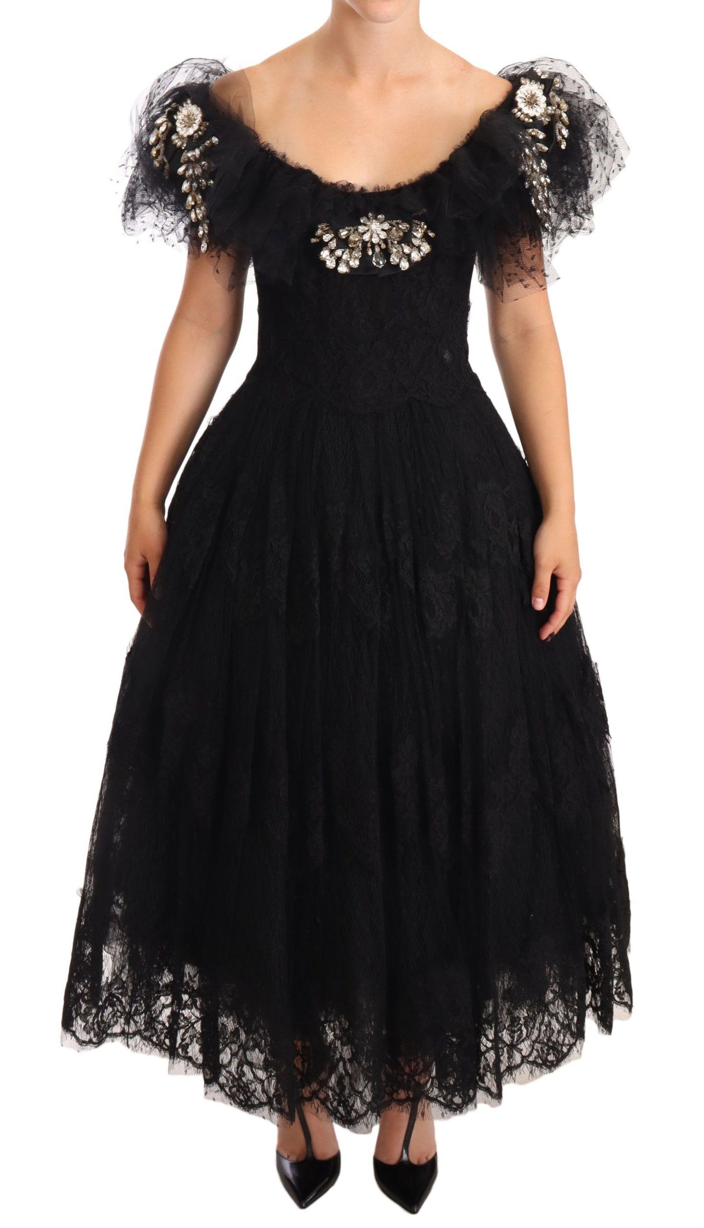 Dolce &amp; Gabbana Black Floral Lace Crystal Ball Gown Dress