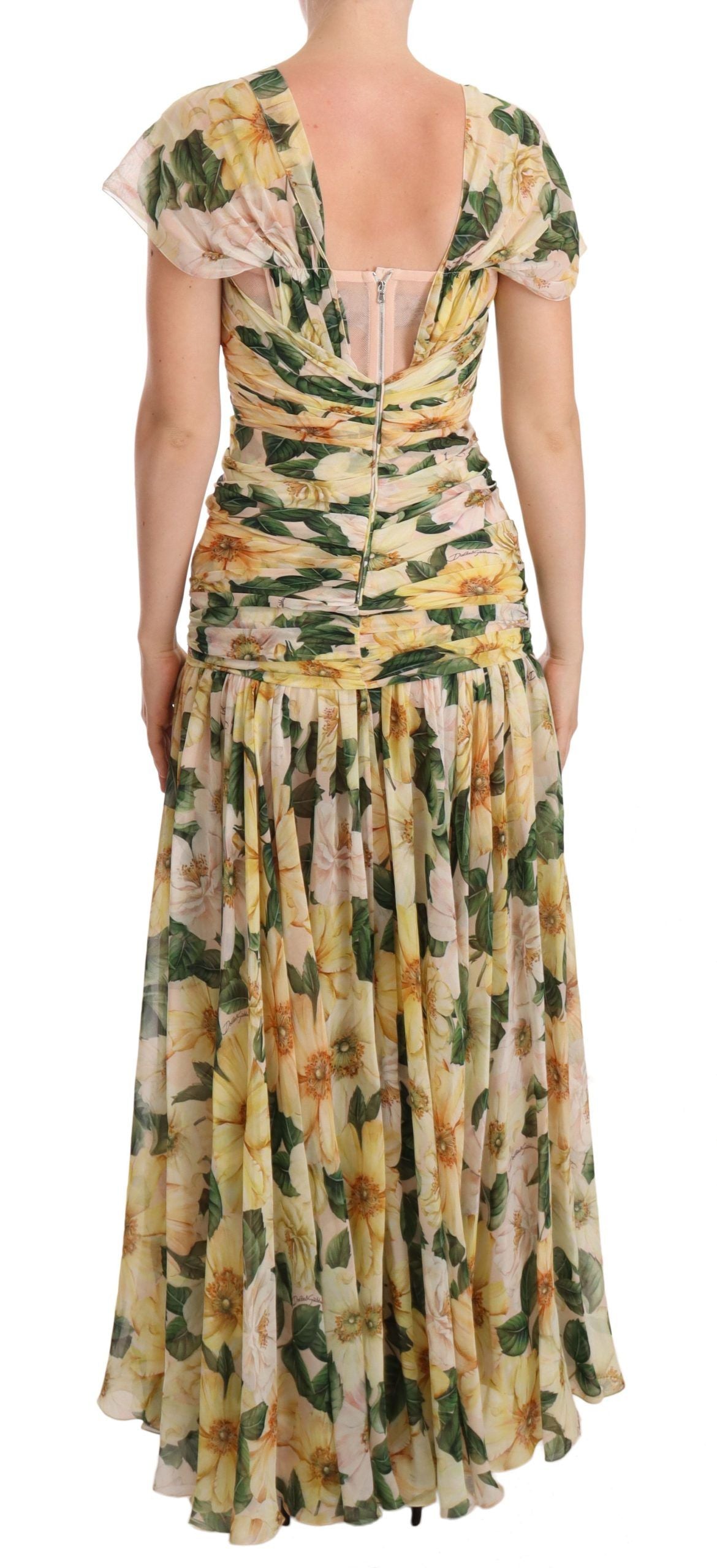 Dolce &amp; Gabbana Yellow Silk Floral Print Pleated Max Dress