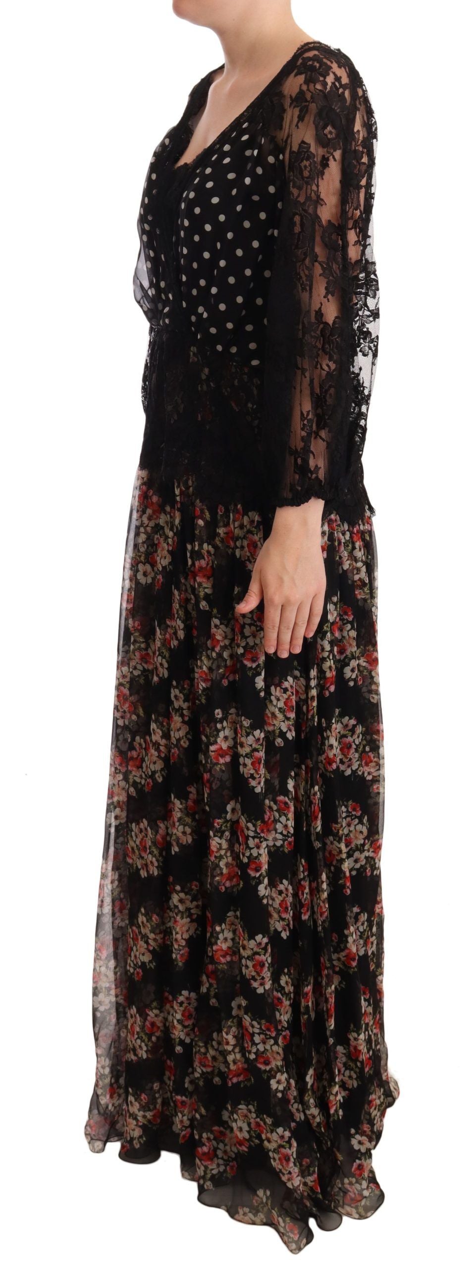 Dolce &amp; Gabbana Black Lace Floral Polka Maxi Capri Dress