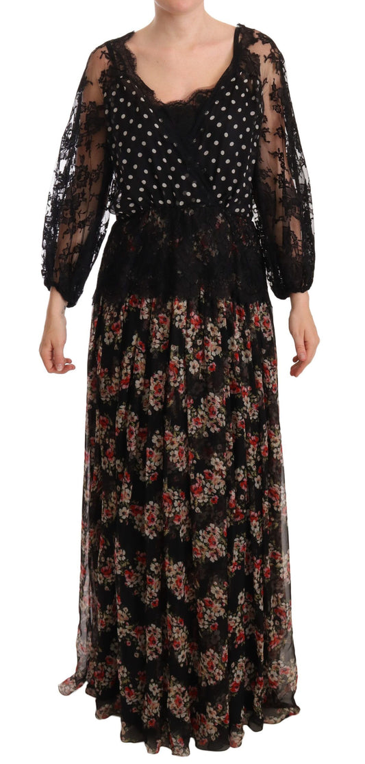 Dolce &amp; Gabbana Black Lace Floral Polka Maxi Capri Dress