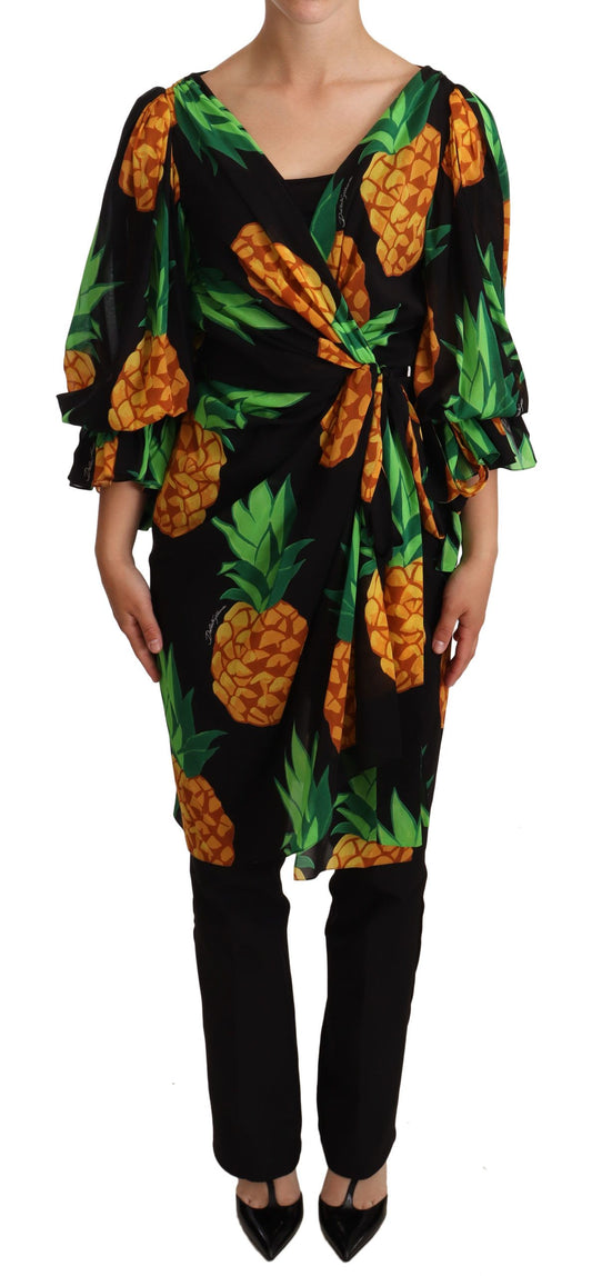 Dolce &amp; Gabbana Schwarzes Wickelkleid aus Stretch-Seide mit Ananas-Print