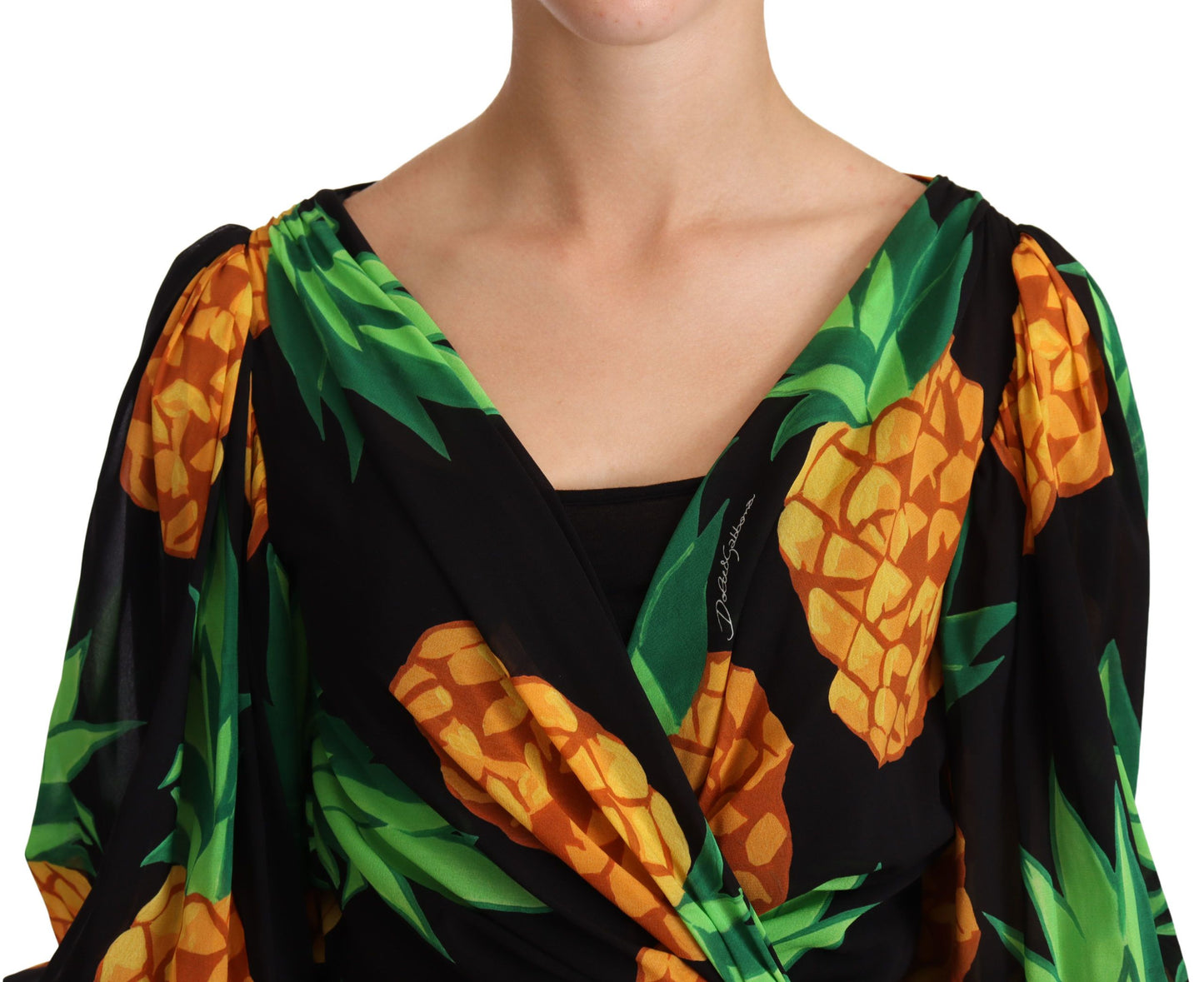 Dolce &amp; Gabbana Schwarzes Wickelkleid aus Stretch-Seide mit Ananas-Print