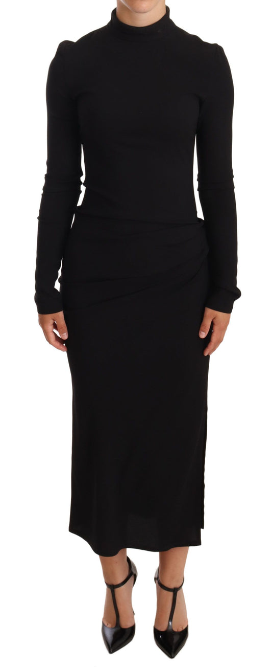 Dolce &amp; Gabbana Black Stretch Turtleneck Sheath Midi Dress