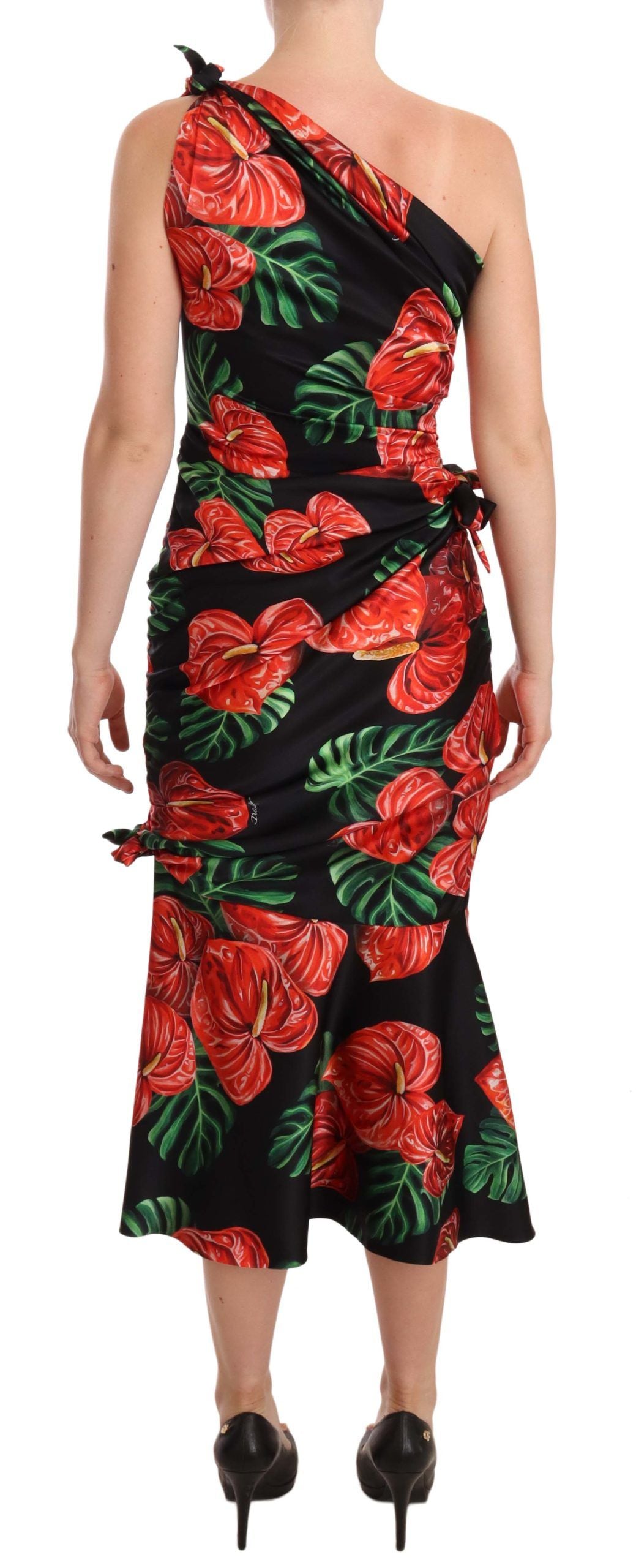 Dolce &amp; Gabbana Black Shiny Silk Floral Print Draped Dress