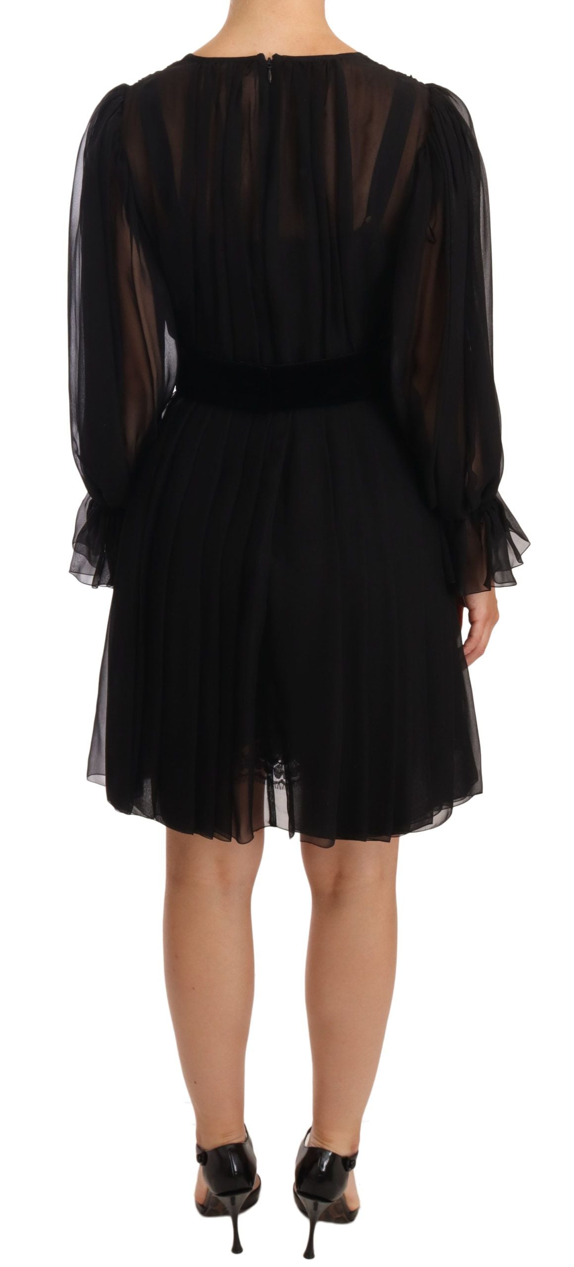 Dolce &amp; Gabbana Black Mesh Pleated Mini Silk Stretch Dress