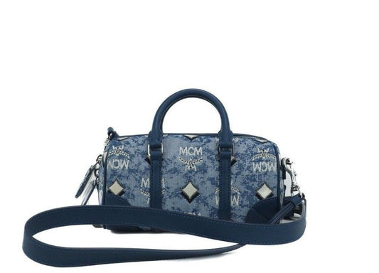 MCM Boston Mini Blue Vintage Jacquard Logo Stoff Satchel Umhängetasche