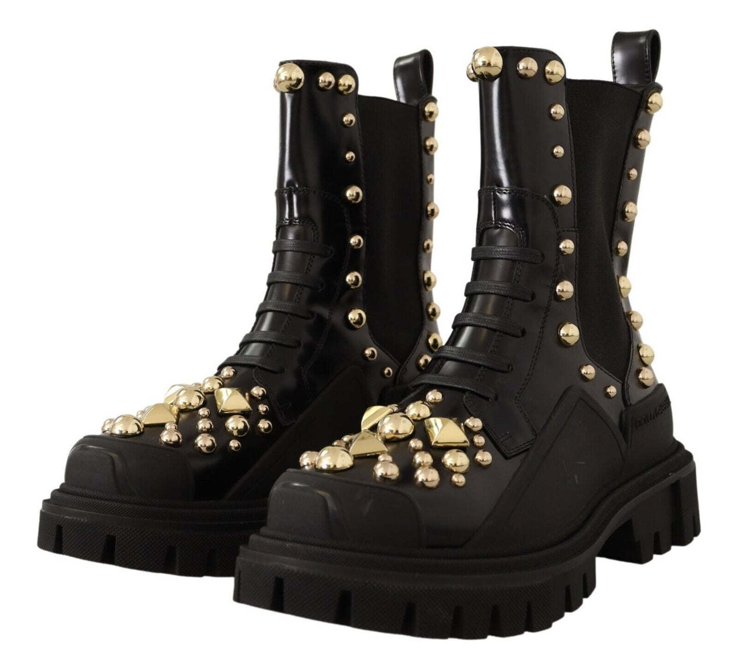 Dolce &amp; Gabbana Black Leather Studded Combat Boots