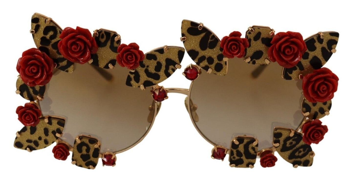 Dolce &amp; Gabbana Gold Metal Frame Roses Embellished Sunglasses