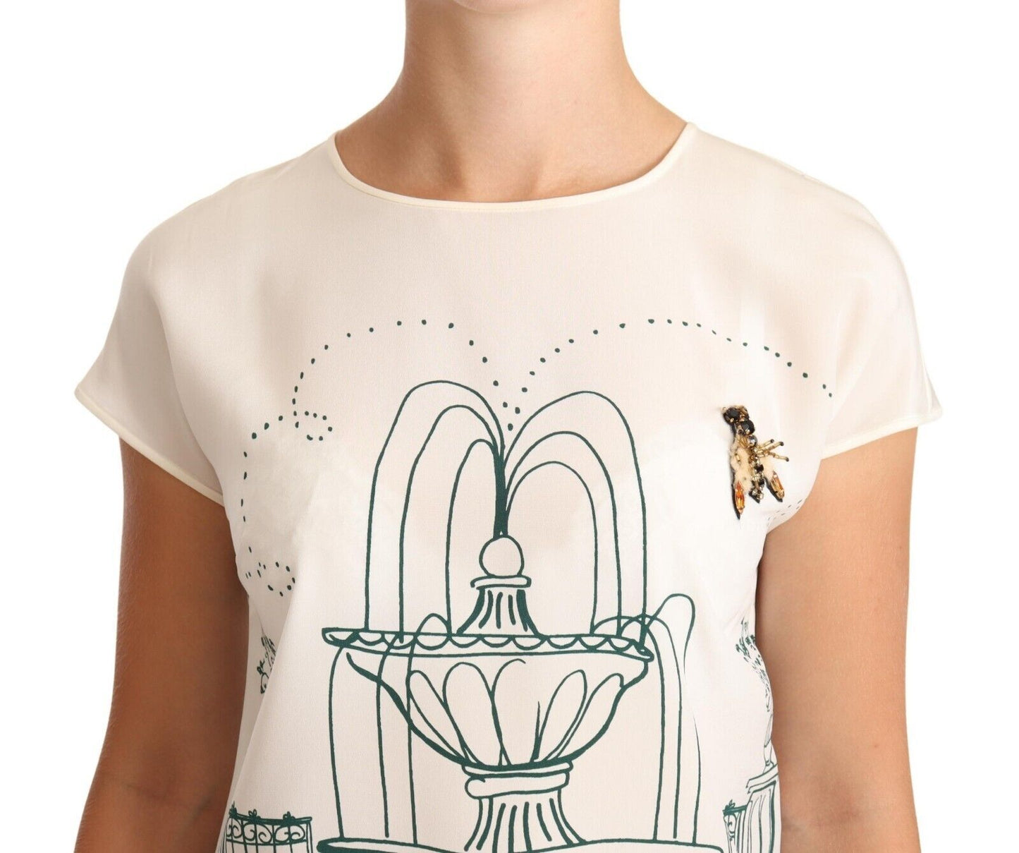 Dolce &amp; Gabbana White Silk Garden Fountain T-Shirt Blouse