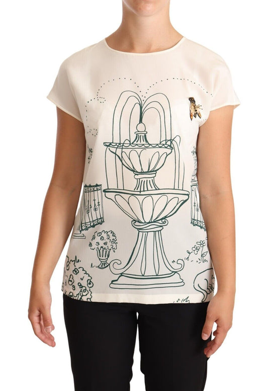 Dolce &amp; Gabbana T-Shirt-Bluse aus weißer Seide mit Gartenbrunnen