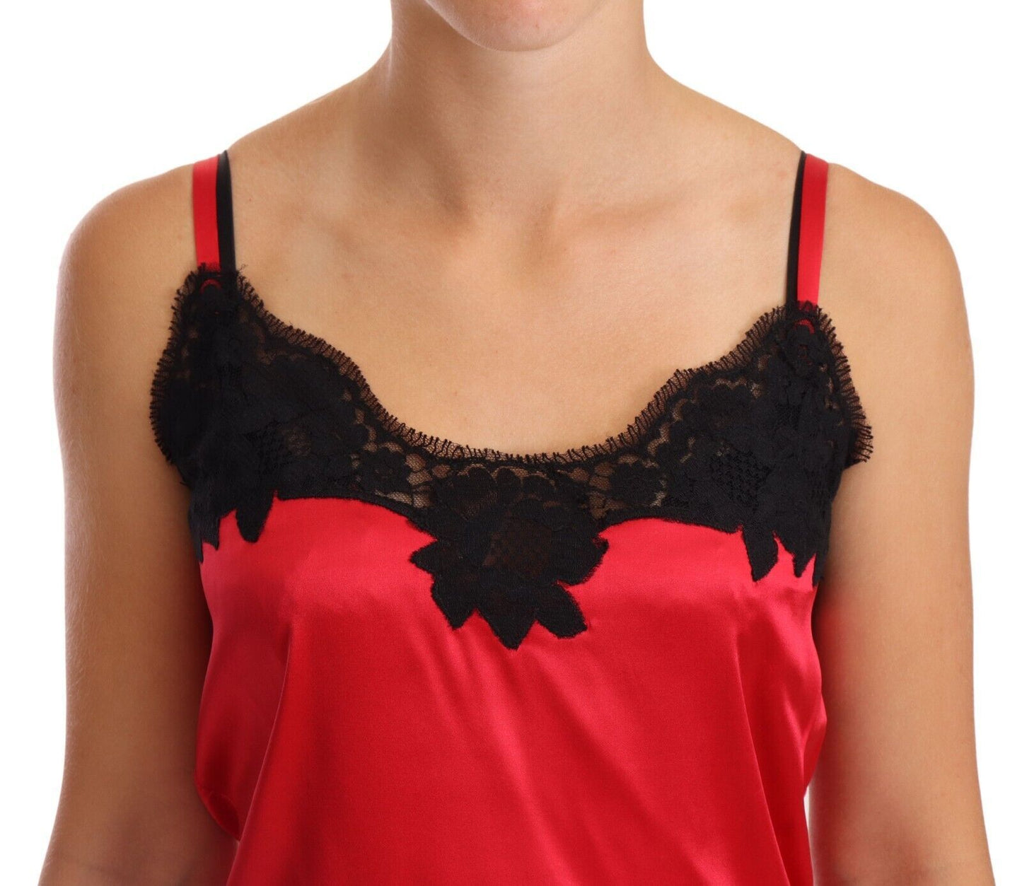 Dolce &amp; Gabbana Rotes Camisole-Dessous-Oberteil mit floraler Spitze aus Seidensatin