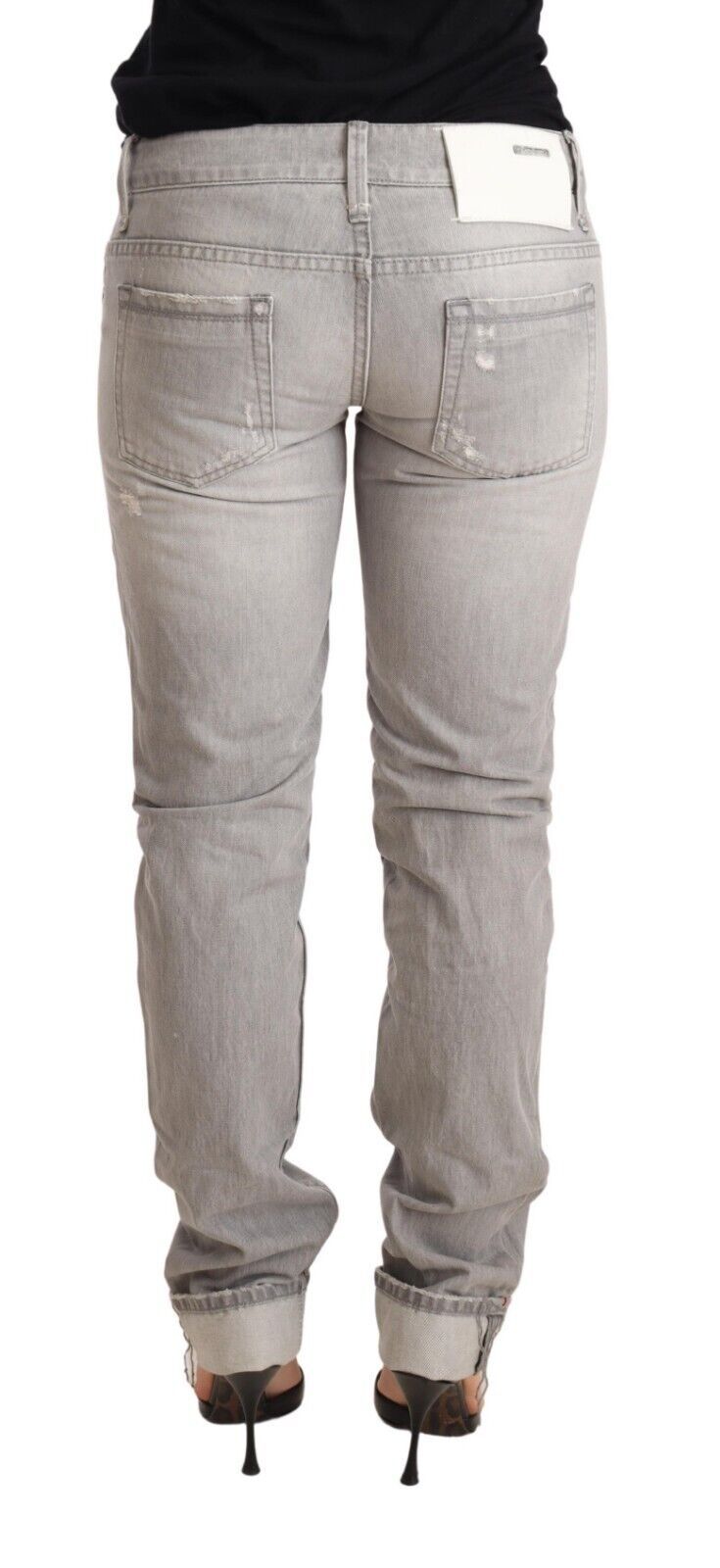 Acht Grey Tattered Cotton Slim Fit Folded Hem Women Denim Jeans