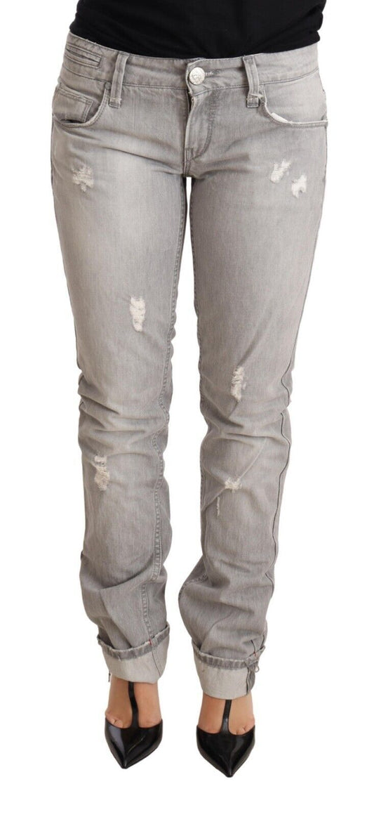 Acht Grey Tattered Cotton Slim Fit Folded Hem Women Denim Jeans