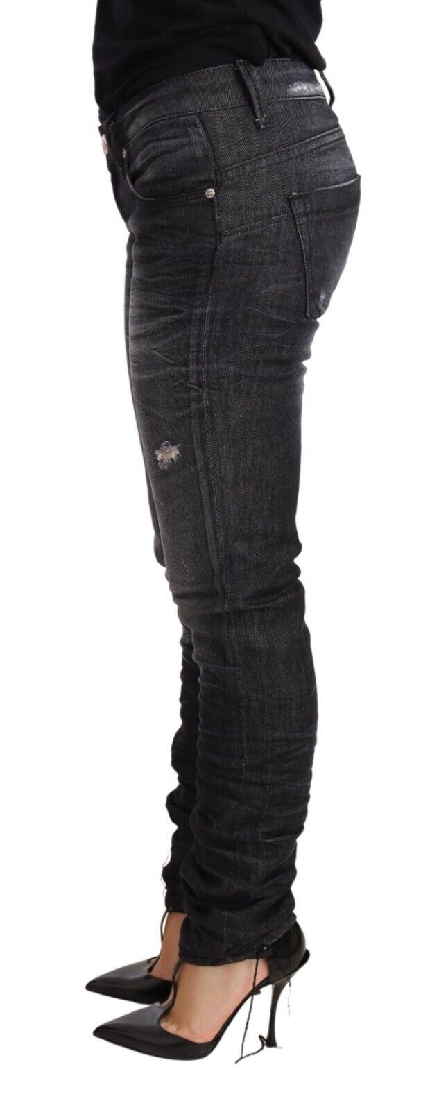 Acht schwarze Skinny-Denim-Jeans mit niedriger Taille, gewaschener Baumwolle