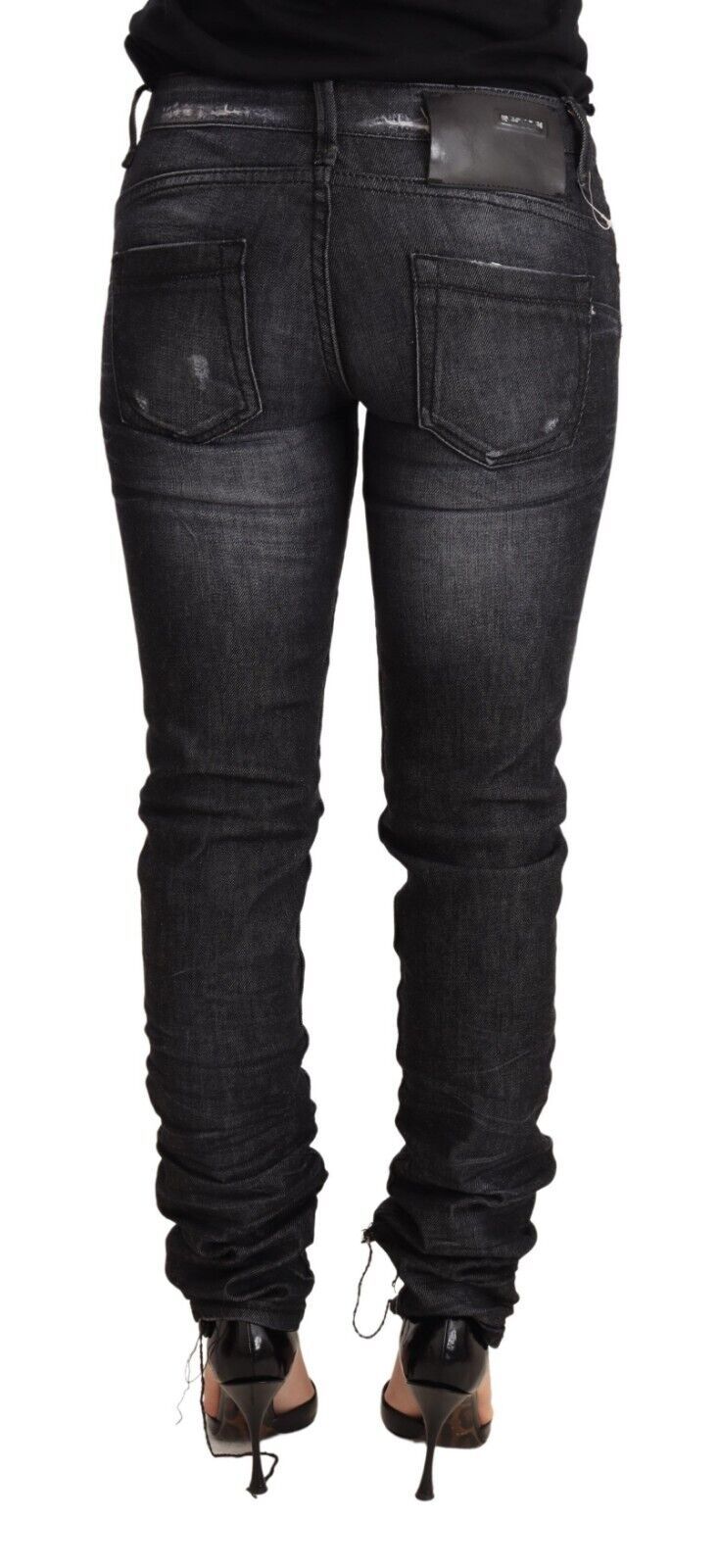 Acht schwarze Skinny-Denim-Jeans mit niedriger Taille, gewaschener Baumwolle