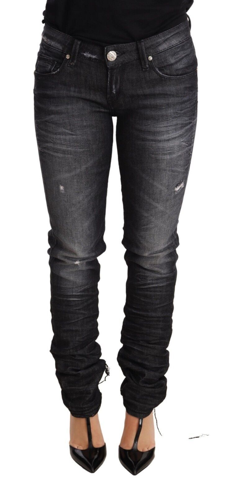 Acht schwarze Skinny-Denim-Jeans mit niedriger Taille, gewaschener Baumwolle