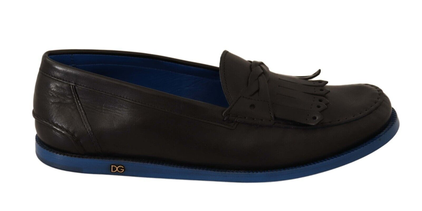 Dolce &amp; Gabbana Black Leather Tassel Slip On Loafers Shoes