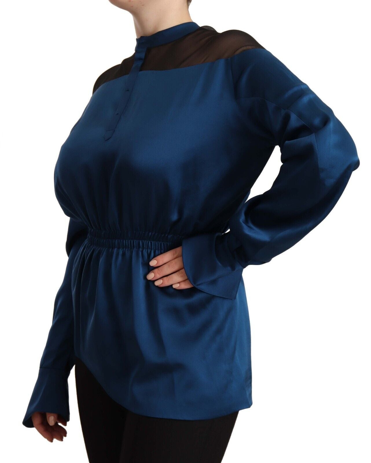 Masha Ma Blaue Seidenbluse mit langen Ärmeln und elastischer Taille