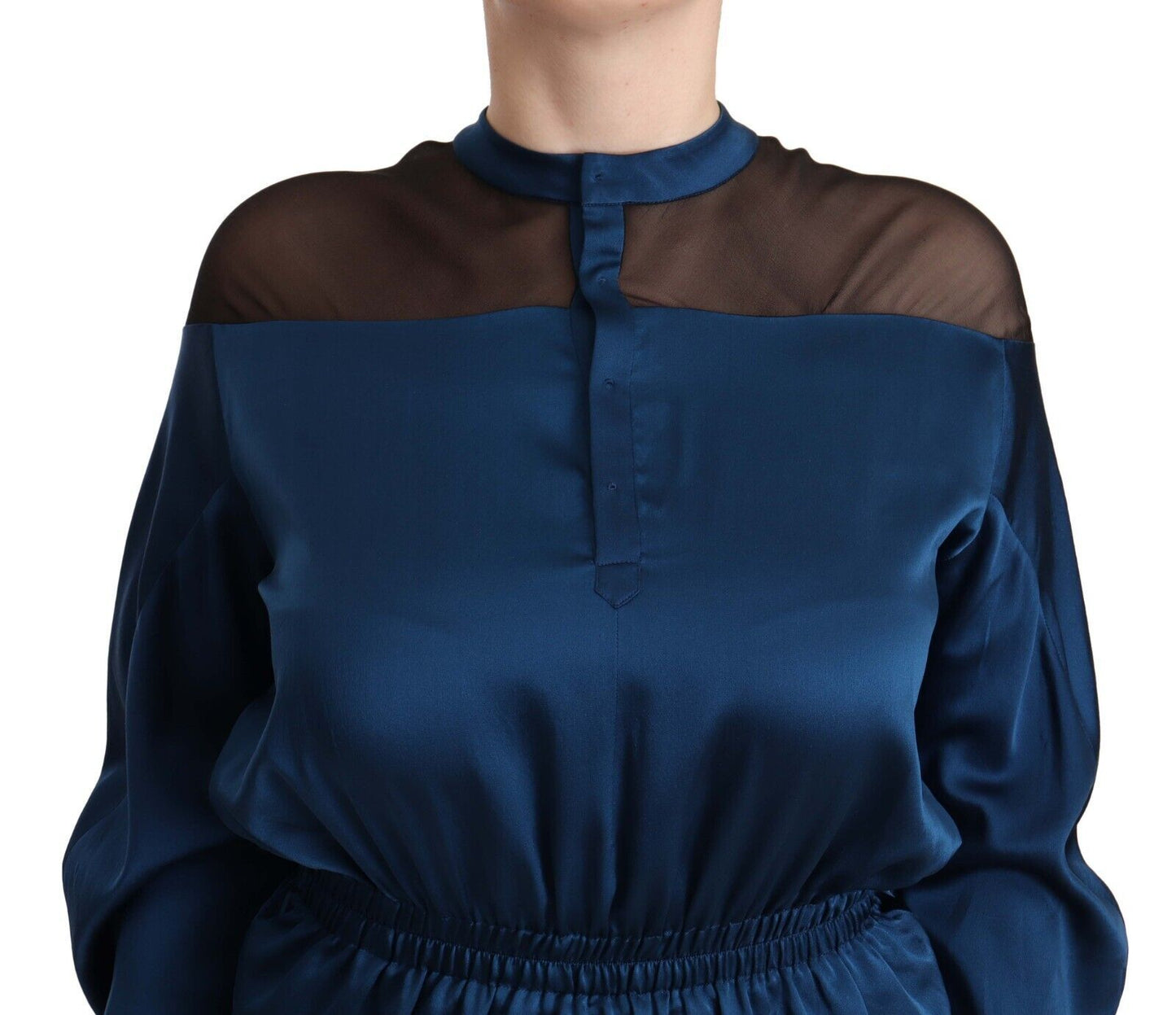 Masha Ma Blaue Seidenbluse mit langen Ärmeln und elastischer Taille