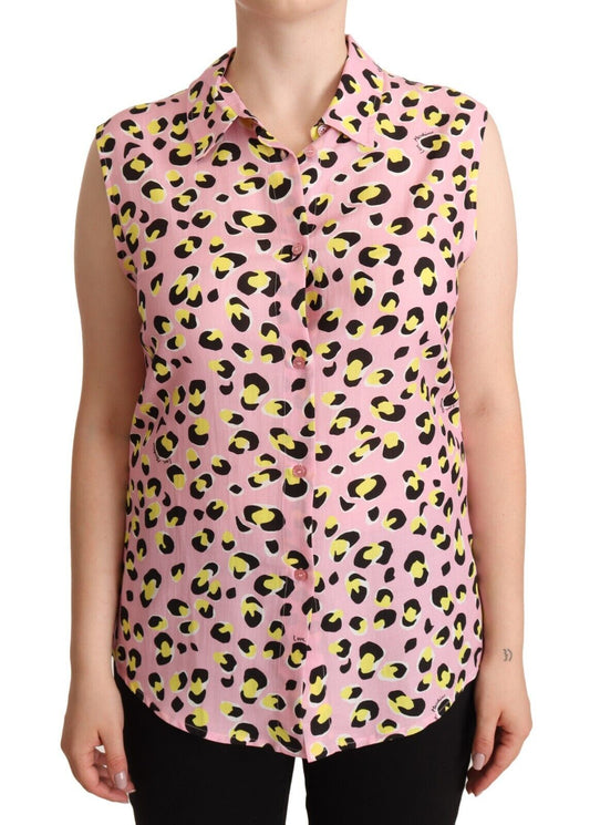 Love Moschino Pink Leopard Print na Walang Sleeveless Collared Polo Top