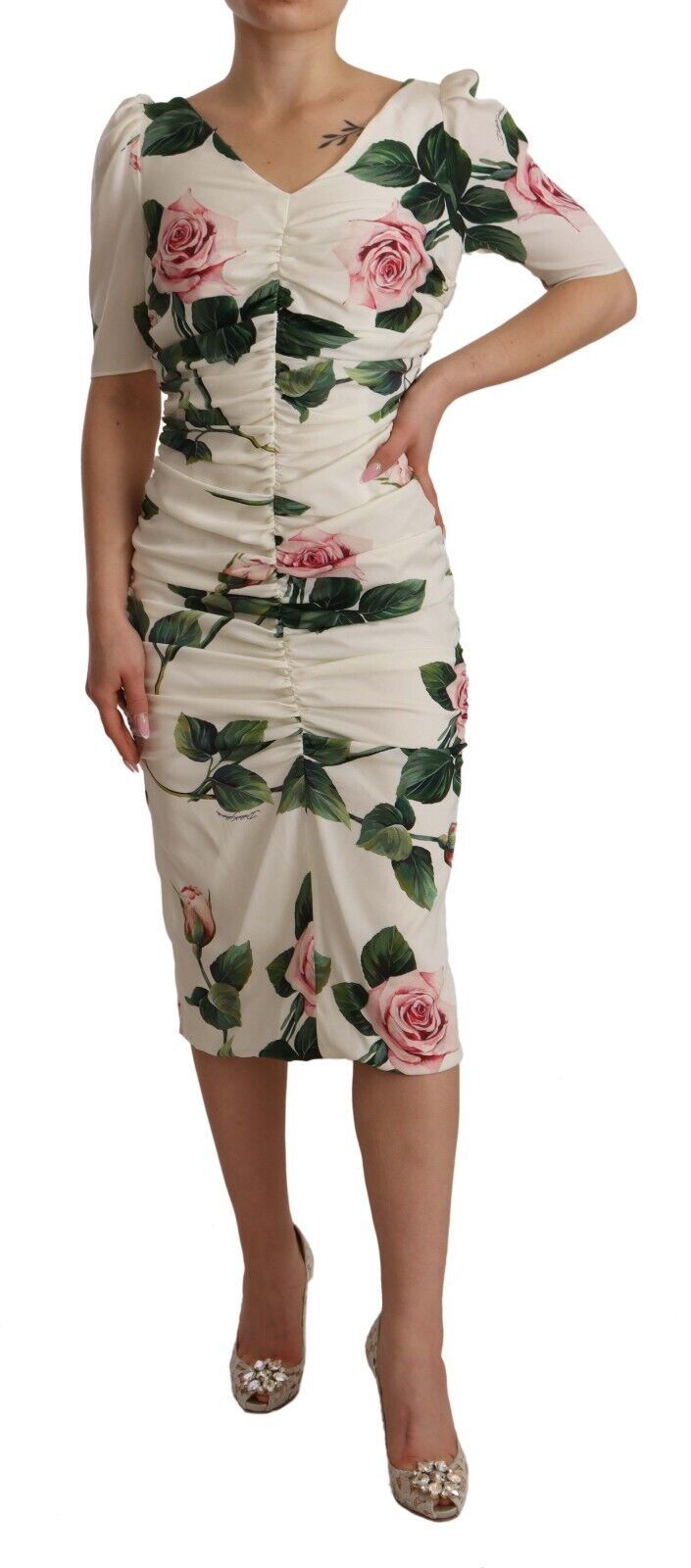 Dolce &amp; Gabbana Plissiertes Kleid aus Stretch-Seide mit weißem Rosen-Print