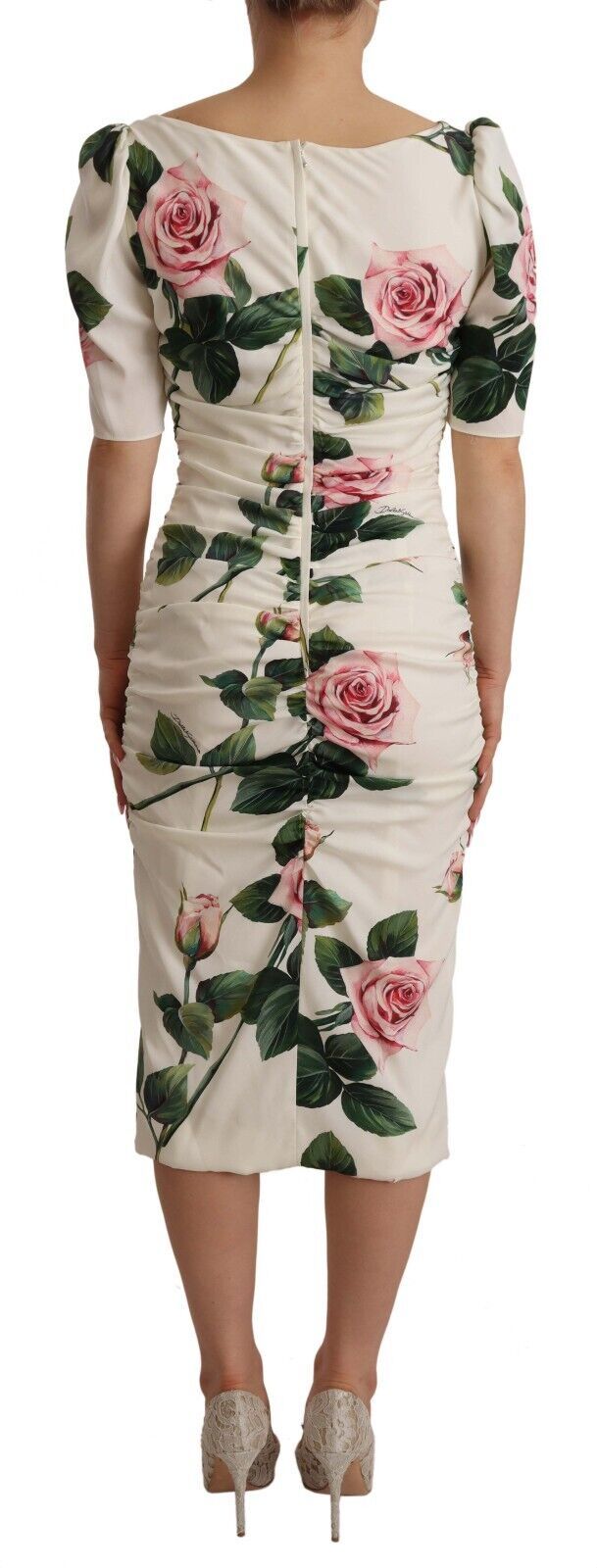 Dolce &amp; Gabbana White Roses Print Stretch Silk Pleated Dress