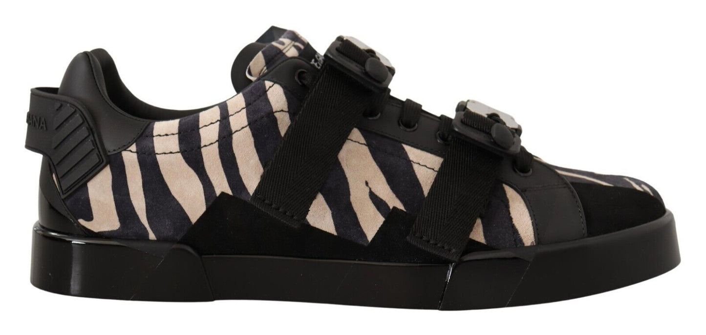 Dolce &amp; Gabbana Schwarz-weiße Zebra-Wildleder-Gummi-Sneakers