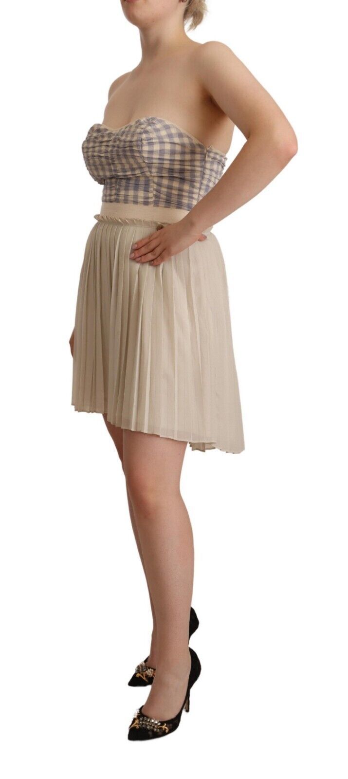 Guess Beige kariertes, plissiertes, trägerloses Bustierkleid in A-Linie