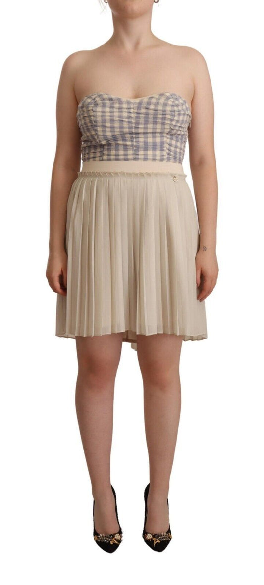 Guess Beige kariertes, plissiertes, trägerloses Bustierkleid in A-Linie