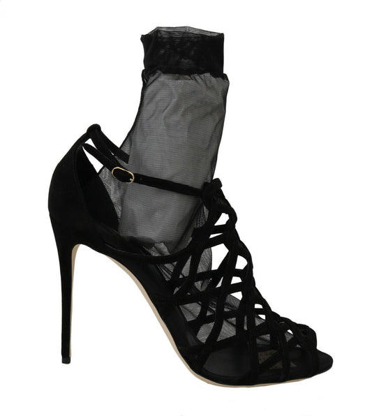 Dolce &amp; Gabbana Black Suede Tulle Ankle Boots Sandals Shoes