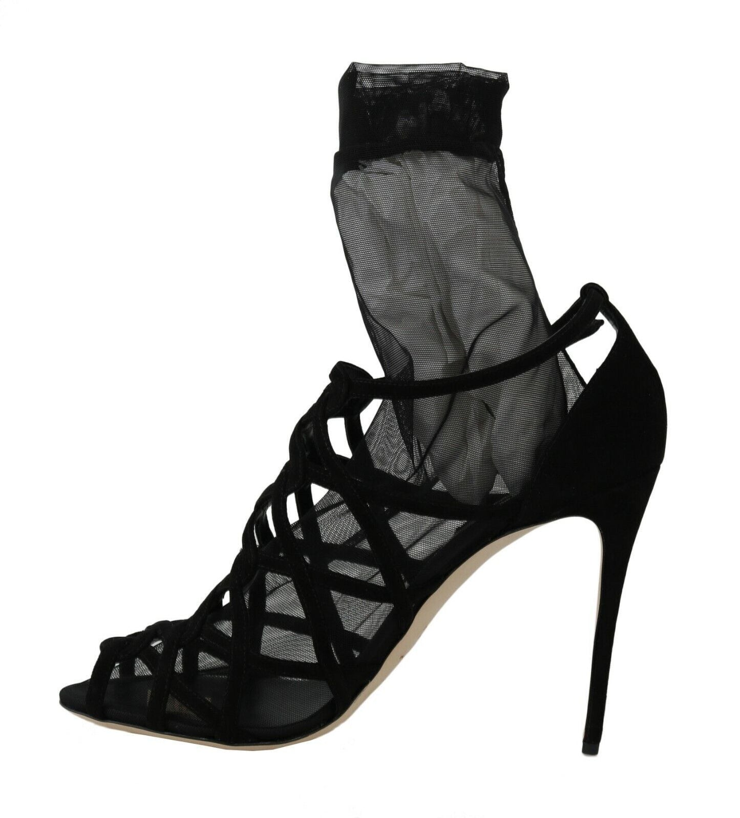 Dolce &amp; Gabbana Black Suede Tulle Ankle Boots Sandals Shoes