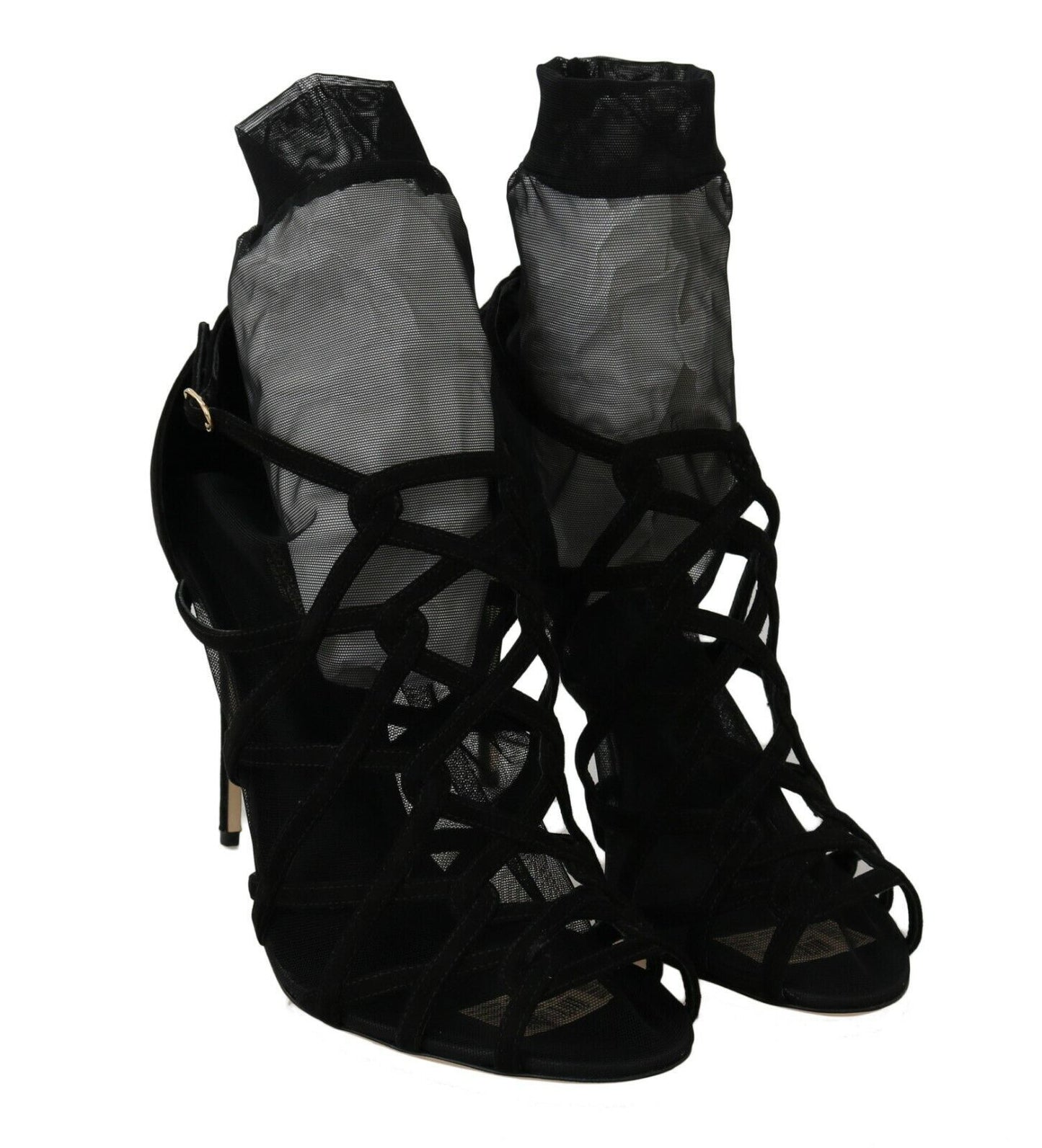 Dolce &amp; Gabbana Schwarze Wildleder-Tüll-Stiefeletten-Sandalenschuhe