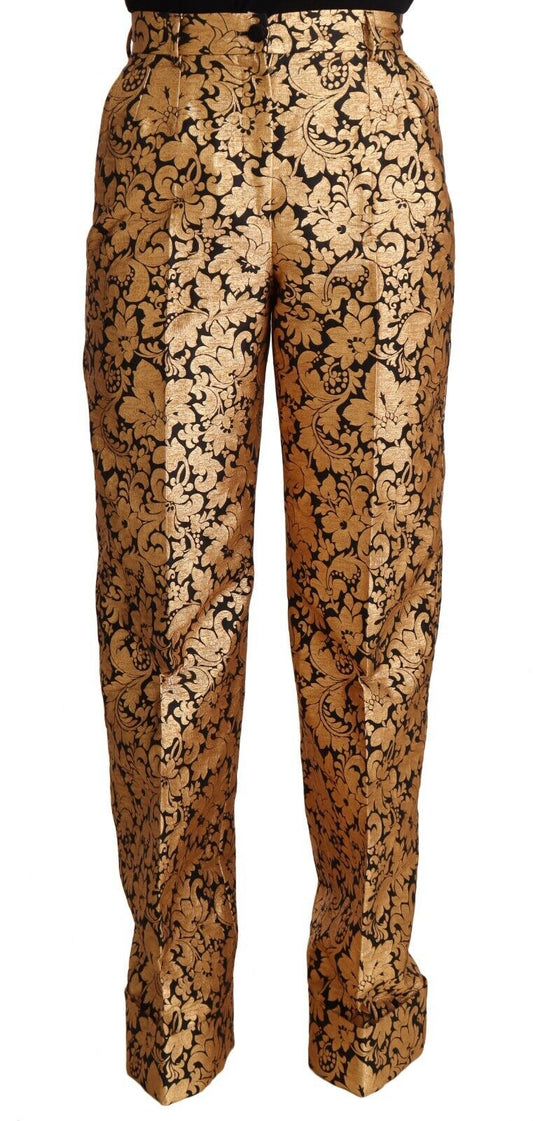 Dolce &amp; Gabbana Gold Floral Jacquard Straight Polyester Pants