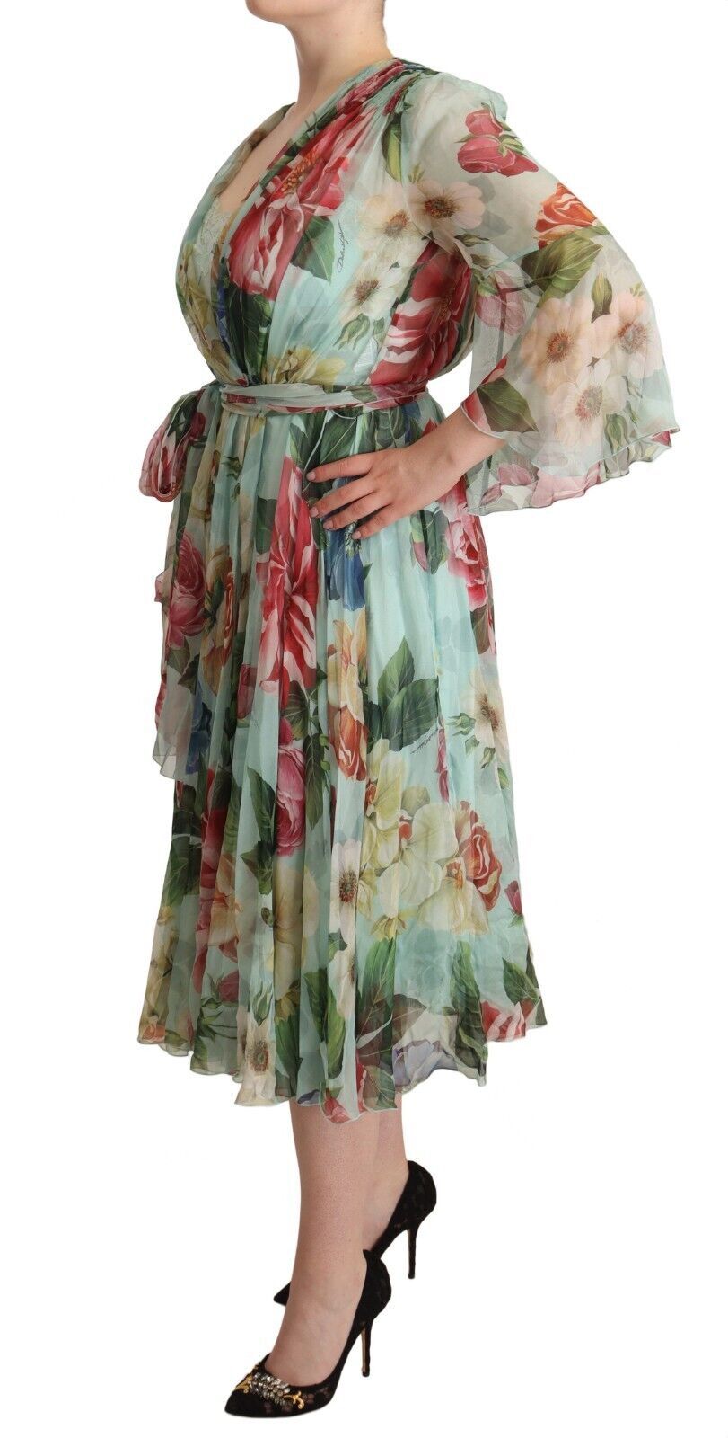 Dolce &amp; Gabbana Green Floral Long Sleeves V-neck Midi Dress