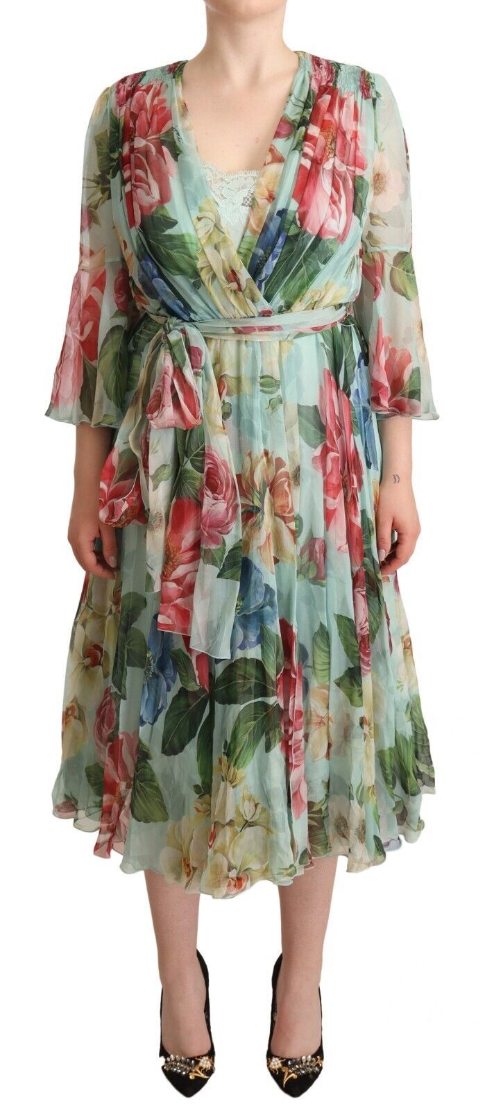 Dolce &amp; Gabbana Green Floral Long Sleeves V-neck Midi Dress